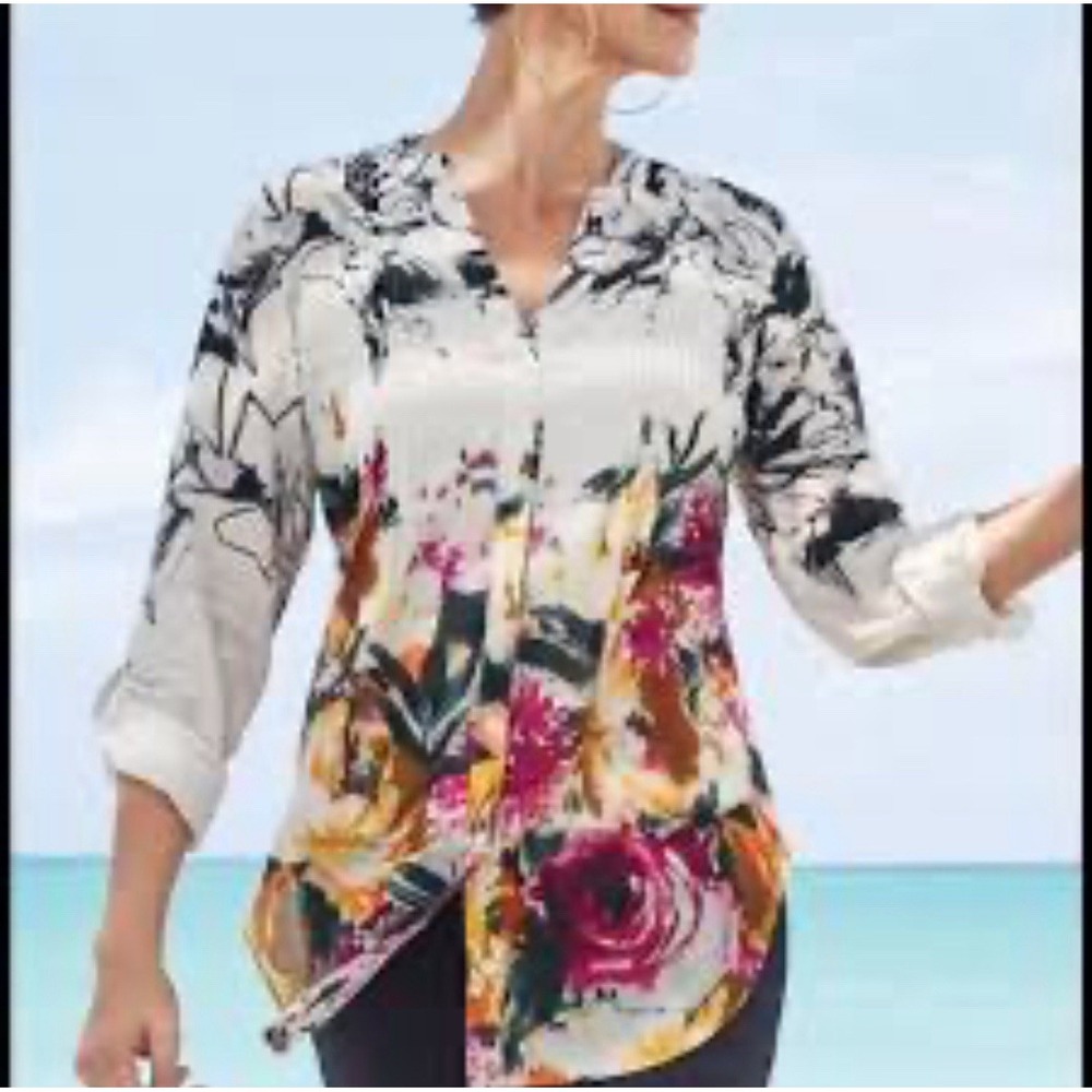 Soft Surroundings Champ De Fleurs Shirt Womens‎ L Multi Color Floral Pleated